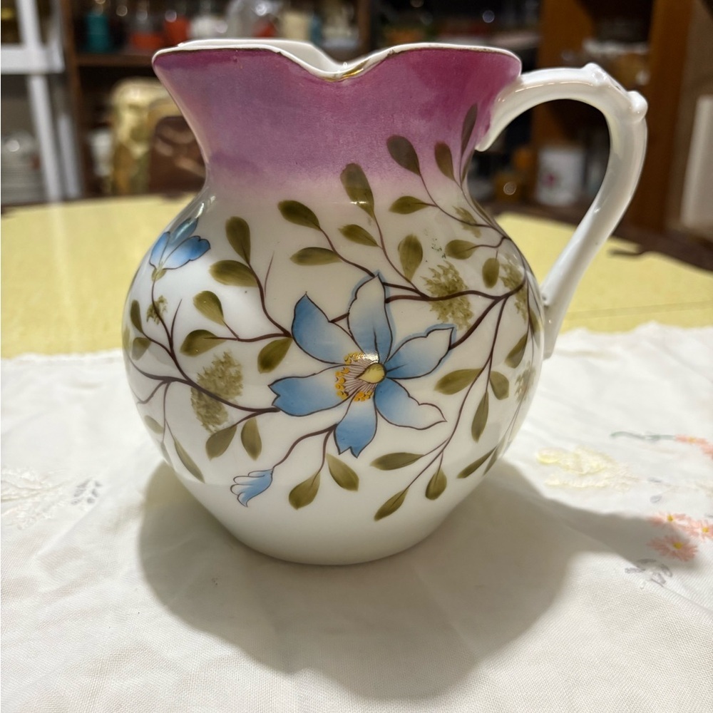 Vintage Floral Ceramic Pitcher with Pink and Blue Design